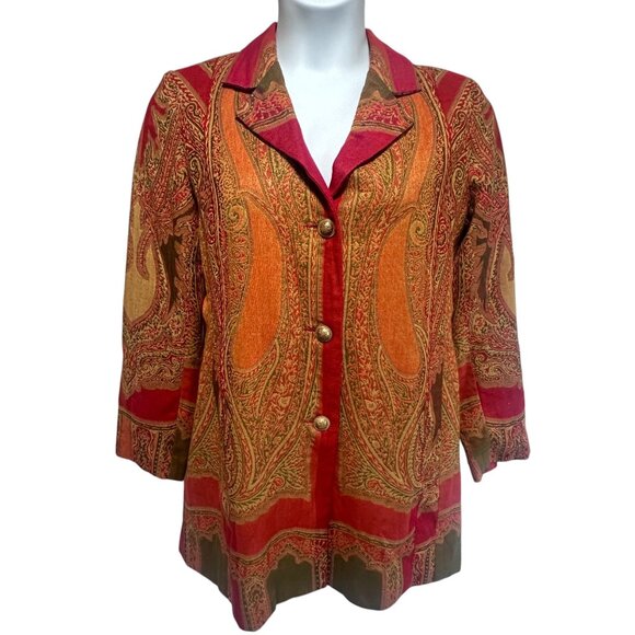 Vtg TravelSmith Orange Paisley Tapestry Button Front Jacket Blazer Womens Sz 12 - Picture 1 of 14